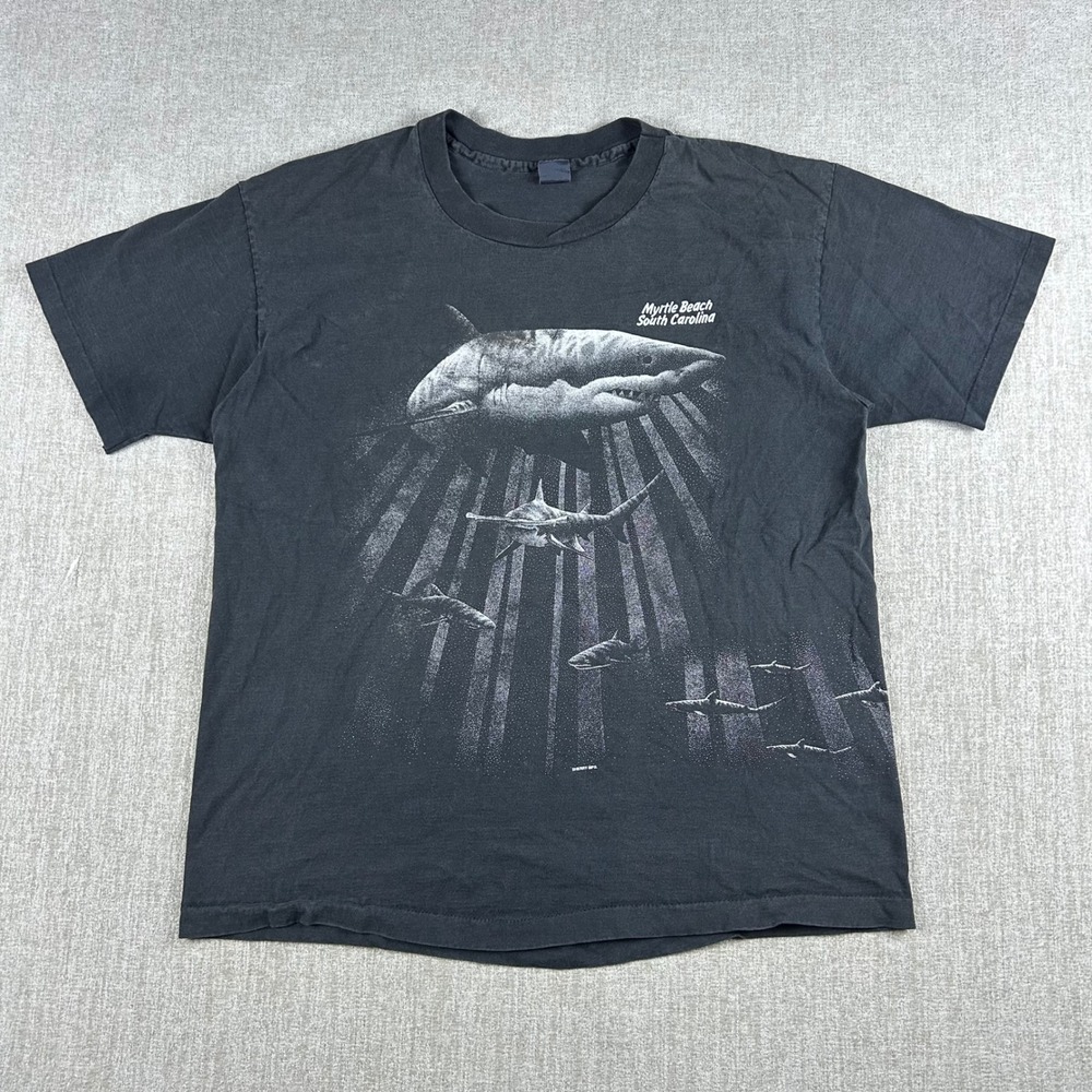 Vintage Sherry Mfg Myrtle Beach South Carolina Shark Graphic Tshirt Black Single